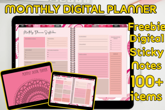 12 Monthly Digital PlannerStickNotes100+ for Organized Design
