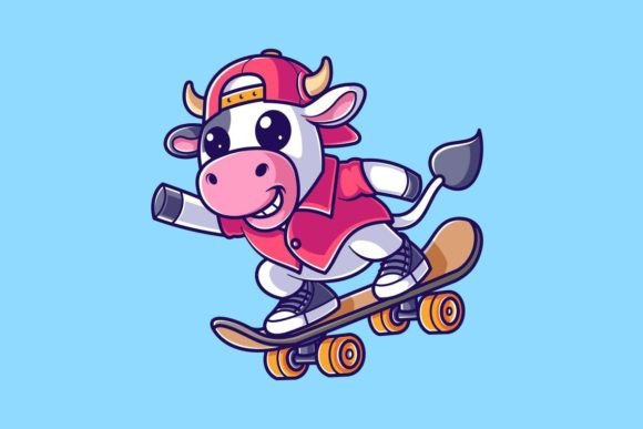 Creative Design with a Cute Cow on Skateboard
