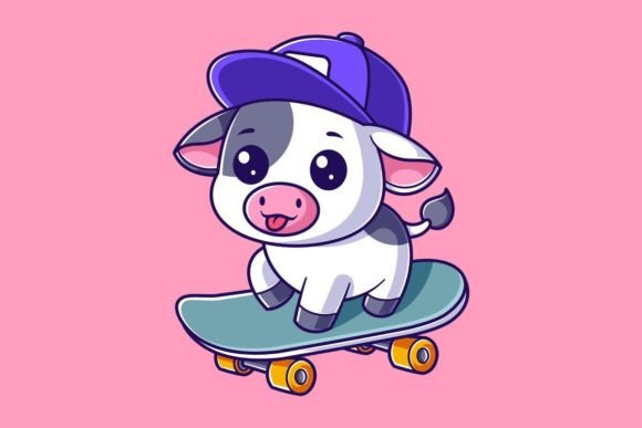 Cute Cow Skateboarding: A Charming Design Asset
