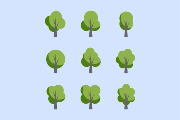 Set of Nine Flat Trees in Green Tones: Elevate Your Designs